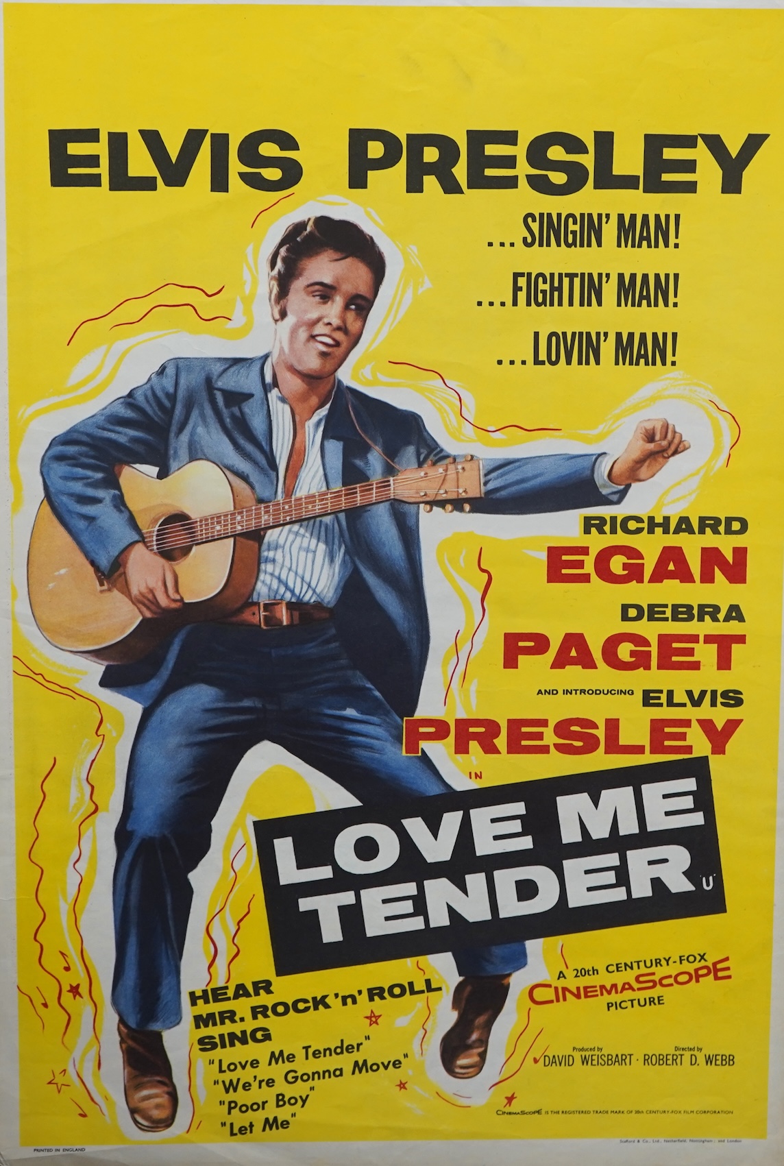 Elvis Presley interest; an unframed film poster for ‘Love me Tender’, 1956, Stafford & Co Ltd., Netherfield, Nottingham; and London, printed in England, 75 x 50cm